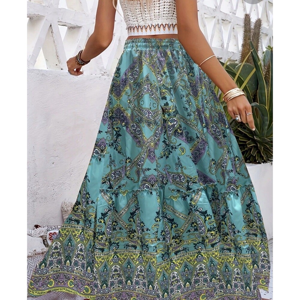 Blue Paisley High Waist Maxi Skirt Boho Witchy Festival Ruffle Retro M